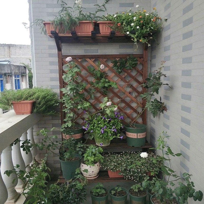 防腐木阳台花架落地式多层阶梯花架子室内客厅实木网格置物花盆架
