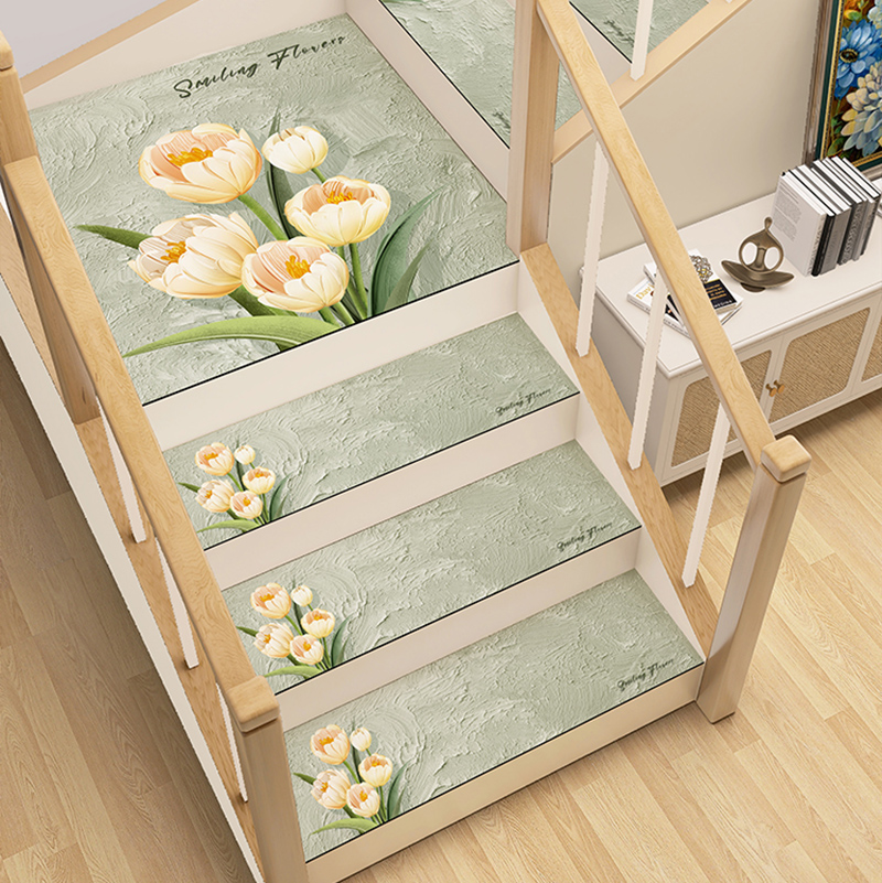 花卉奶油风楼梯踏步垫免胶自粘防滑台阶静音垫家用实木楼梯地垫