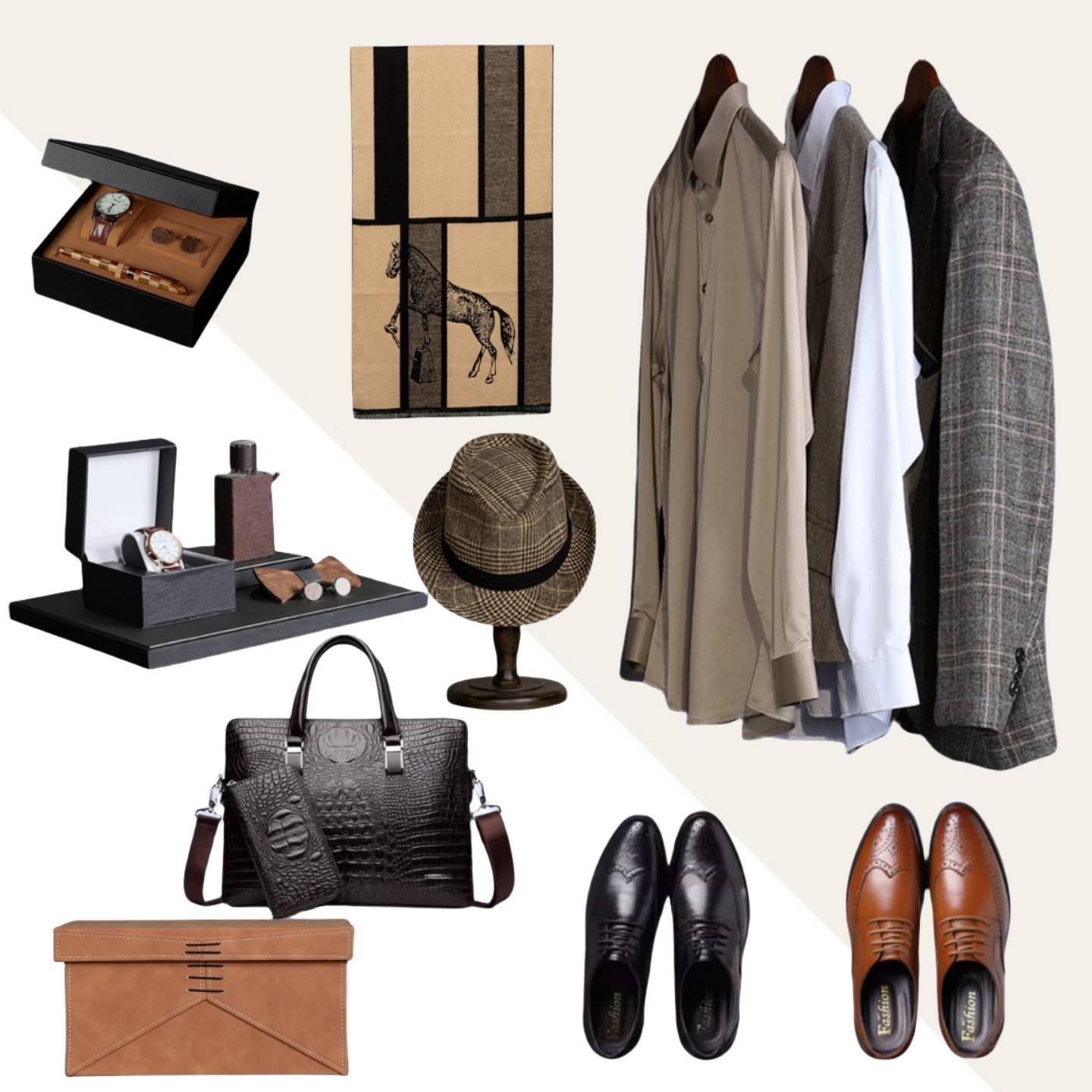 YOUPIN样板房衣帽间衣服组合男士咖色西服皮鞋衬衫软装饰品摆件轻