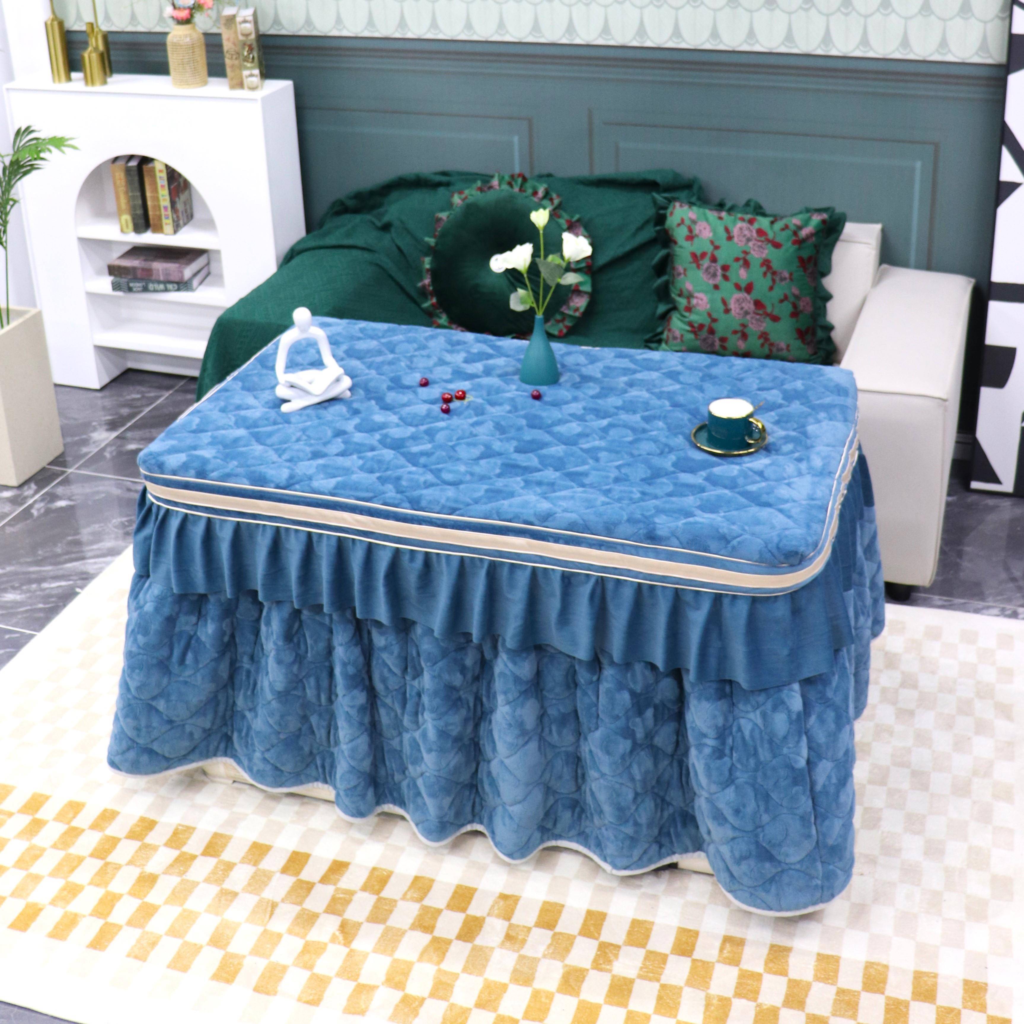 新款加厚牛奶绒双面绒长方形取暖桌烤火罩套揭盖分体灰色升降桌罩