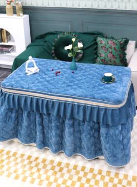 新款加厚牛奶绒双面绒长方形取暖桌烤火罩套揭盖分体灰色升降桌罩