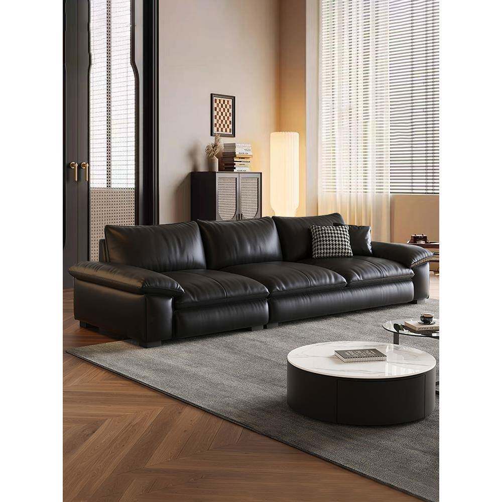 意大利Normcore真皮沙发客厅小公寓2024层牛皮黑色直排油蜡皮革艺