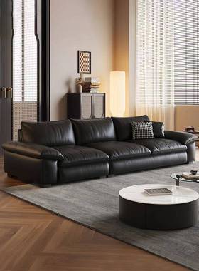 意大利Normcore真皮沙发客厅小公寓2024层牛皮黑色直排油蜡皮革艺
