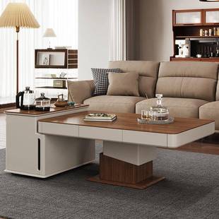 智能语音升降茶几家用中古风客厅泡茶一体小户型岩板茶几餐桌两用