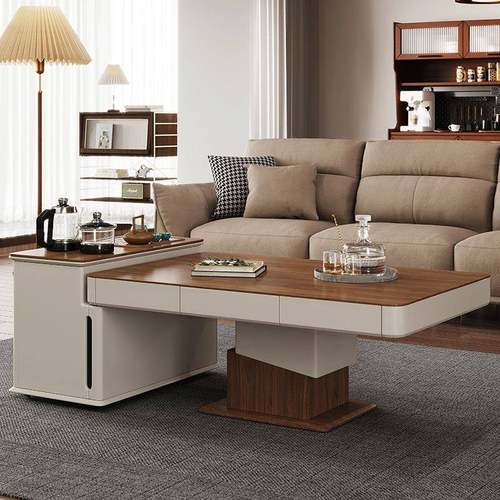 智能语音升降茶几家用中古风客厅泡茶一体小户型岩板茶几餐桌两用