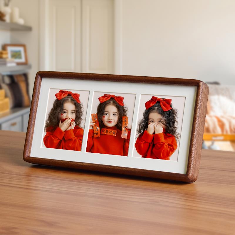 桌面实木榫卯圆角长条情侣洗照片定制二联三联拍立得创意摆台相框