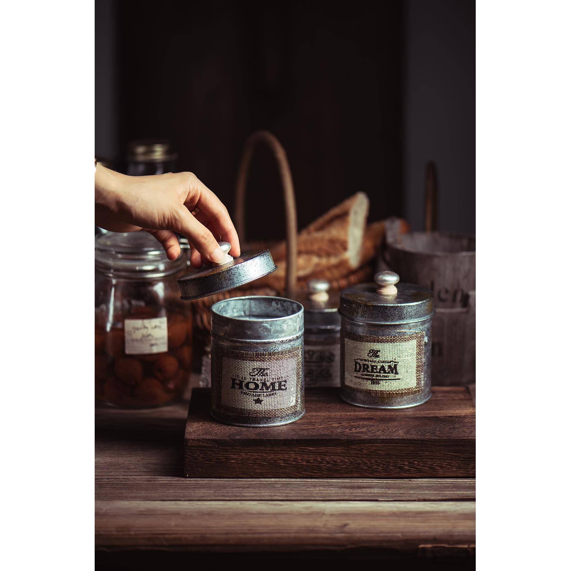 覆古做旧铁铺麻布贴英文咖啡茶叶收纳储物罐家居厨房店面装饰摆件