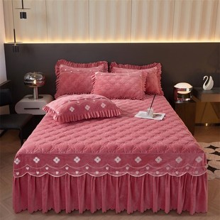 珊瑚绒刺绣床裙单件法式 2024年新款 蕾丝花边保暖绒床罩床单带裙边