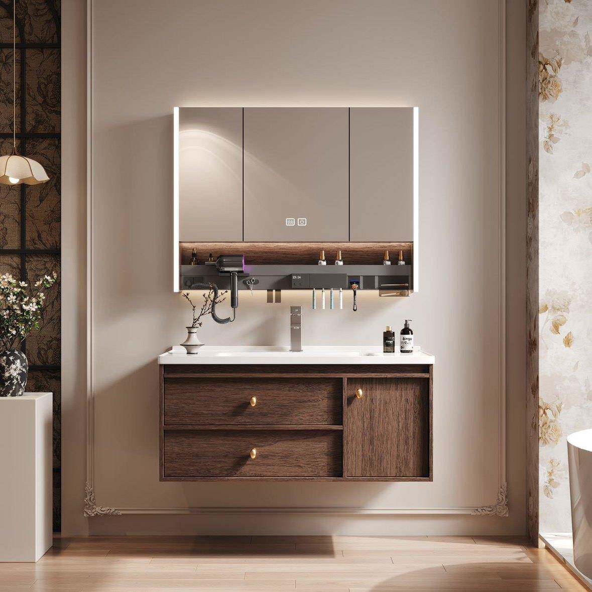 新款中古风蜂窝铝浴室柜组合卫生间加深一体陶瓷洗漱台风水镜柜