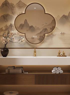 宋式美学中古风浴室柜组合岩板热弯一体盆卫生间洗漱台洗手脸盆柜