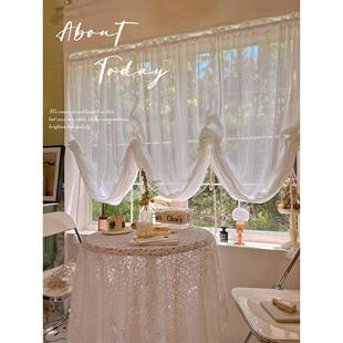 法式奶油风压褶纱提拉帘公主系超仙卧室飘窗阳台免打孔升降罗马帘