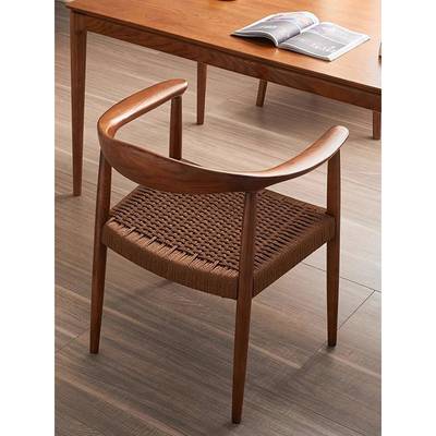 北欧实木绳编肯尼迪总统椅简约扶手靠背餐椅会议洽谈休闲餐厅椅子