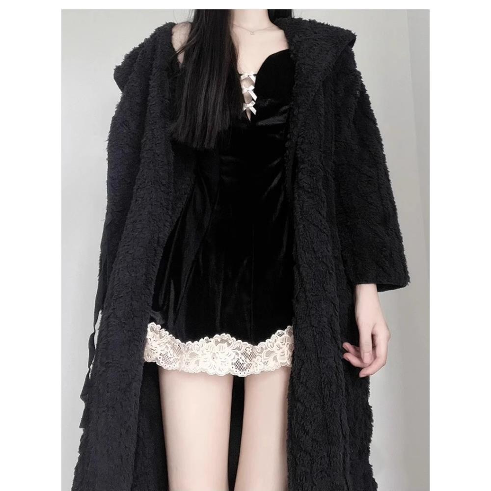 黑珊瑚丝绒女睡衣冬季羊毛衬里加厚长浴袍睡衣连帽法兰绒秋冬家装