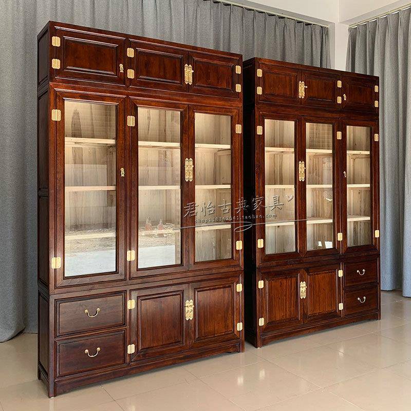 中式顶箱书柜香樟木书橱全樟木文件柜带玻璃三门防潮收纳储物展柜
