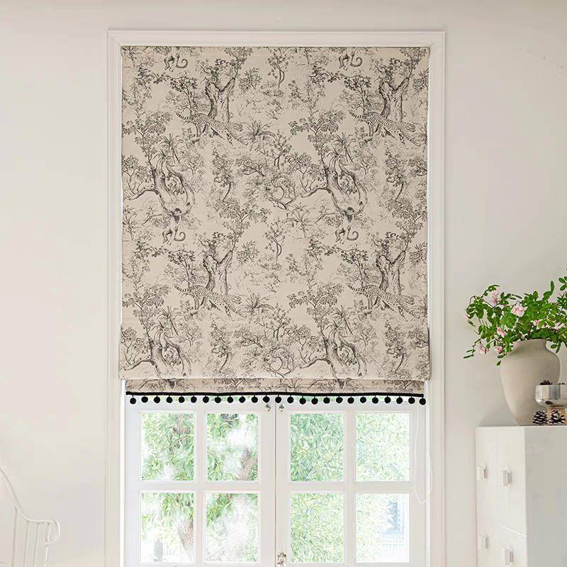 定制卧室客厅书房飘窗提拉升降帘布卷帘遮光法式花边毛球罗马窗帘