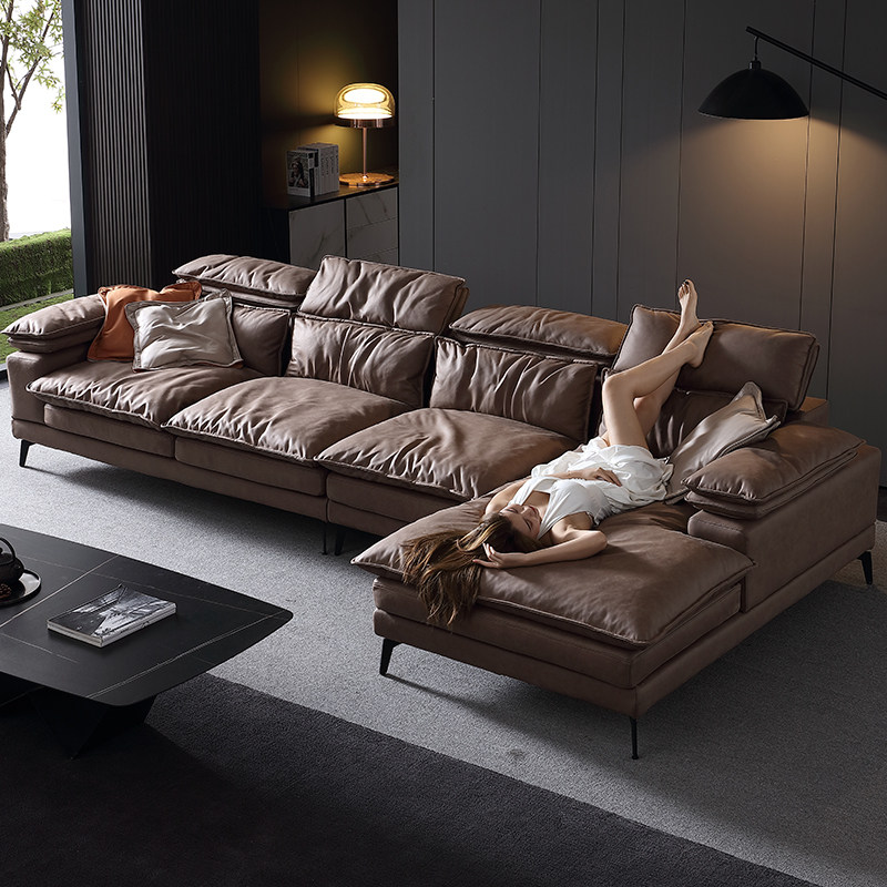 艺潮匠科技布沙发羽绒超软客厅复古焦糖色中古风转角沙发22新款