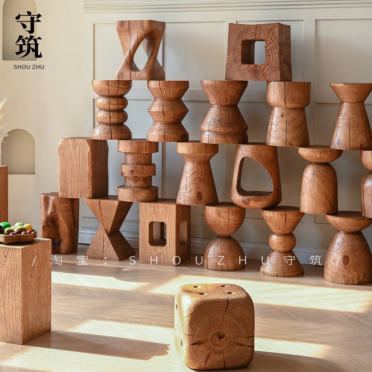 深纹实木墩子矮凳原木根雕摆件沙发旁边几树木桩花架底座民宿装饰