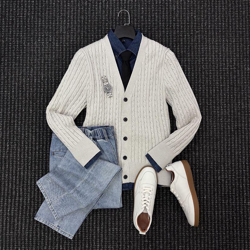 秋冬季老钱风麻花羊毛针织开衫男