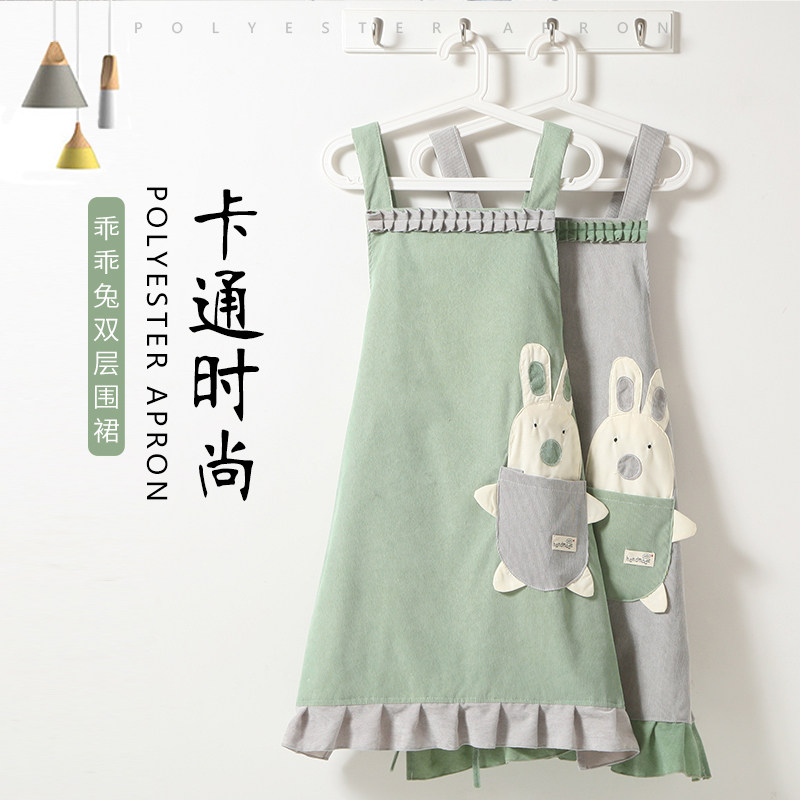 韩版时尚可爱女士家居条绒围裙厨房做饭防油防污背带围裙工作服