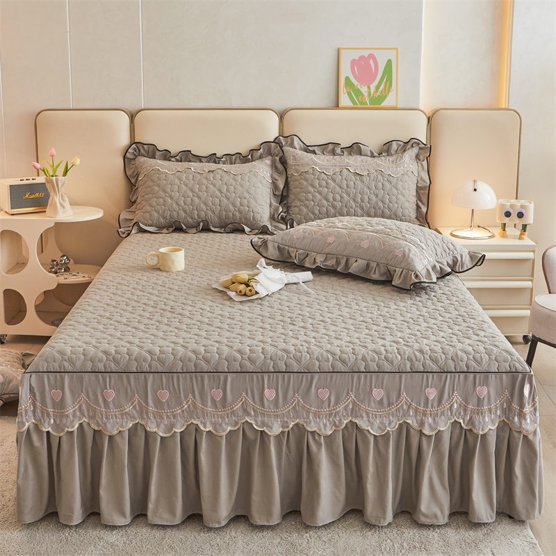 22新款刺绣花边夹棉床裙单件纯色加厚床罩三件带裙边床单床盖