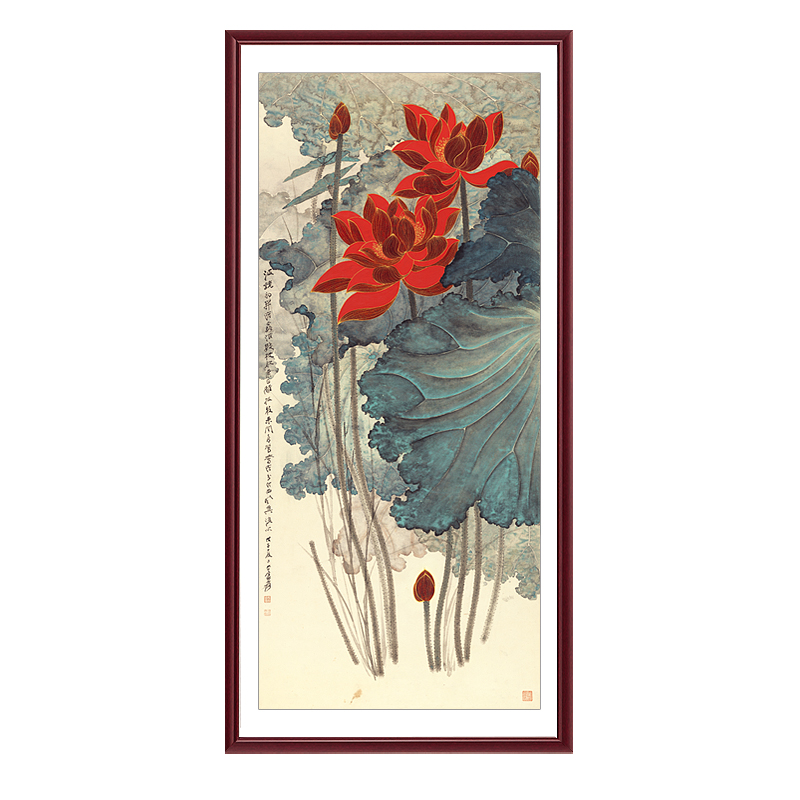 名师张大千竖版国画玄关装饰画走廊壁画楼梯客厅有框荷花挂画