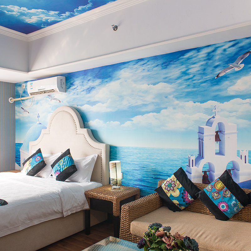 地中海风格自粘墙墙纸壁纸蓝色海景壁画客厅儿童房卧室沙发背景
