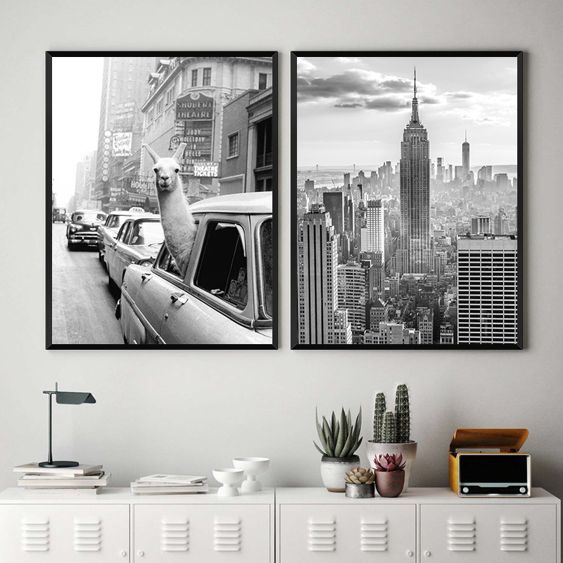 黑白羊驼装饰画纽约城市建筑人文风景摄影挂画复古文艺老照片装饰图片
