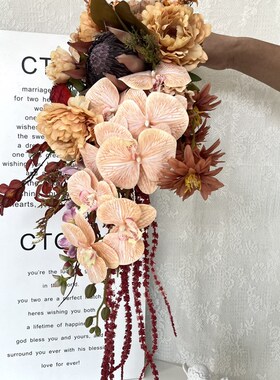 油画瀑布手捧花 红色蝴蝶兰花束 新娘结婚仿真花欧式婚礼摄影道具