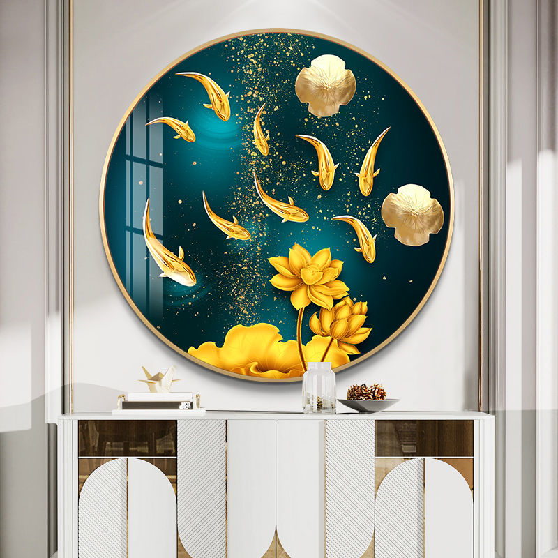 九鱼聚财圆形玄关装饰画新款轻奢客厅餐厅画走廊卧室晶瓷平面挂画图片