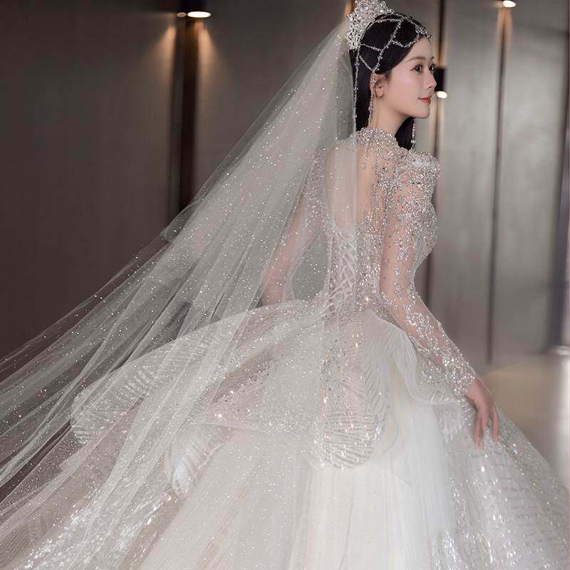 细闪星空高清新款白色香槟色主婚纱长款头纱大拖尾韩式亮片超奢华