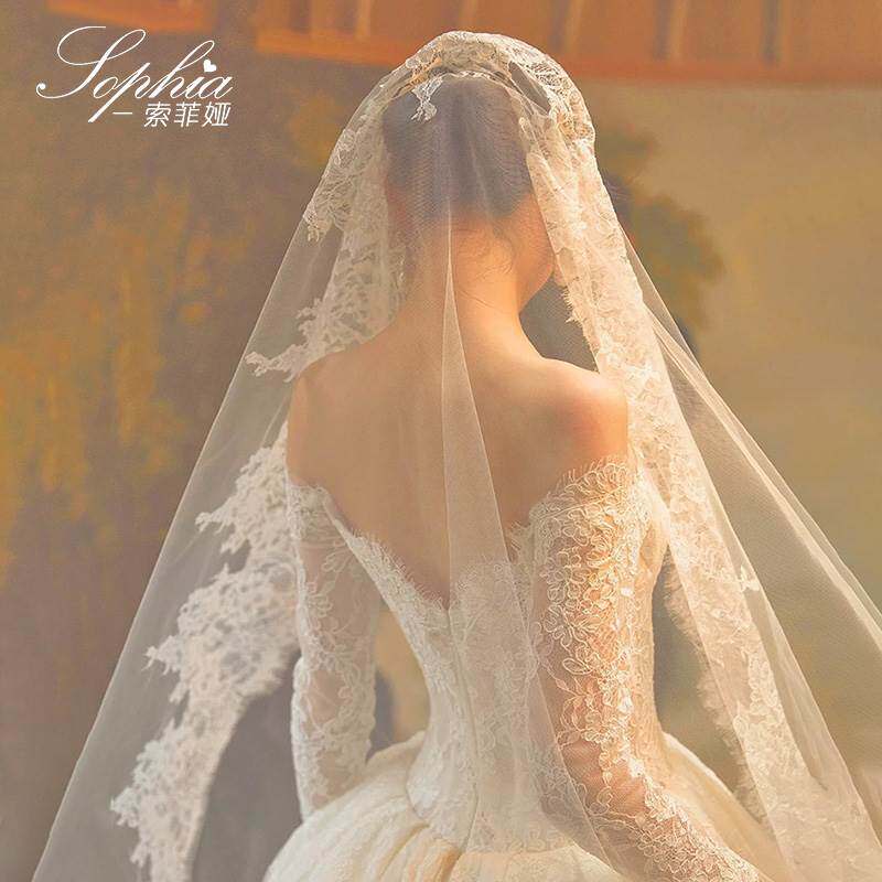 覆古蕾丝长版拖尾头纱浪漫婚纱照摄影拍照跟妆造型头饰样片道具