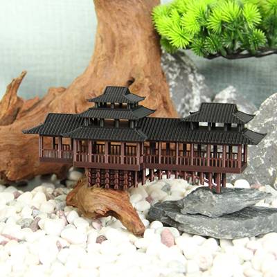 廊桥中式古建筑流水连假山造景小摆件水陆鱼缸鱼池盆景植物微景观