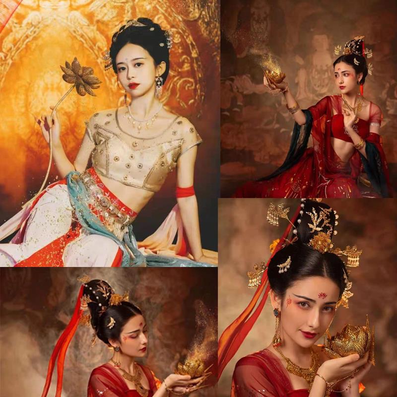 敦煌飞天舞蹈汉唐金刚波西米亚仙女飘逸写真服装手拿莲花手鼓道具