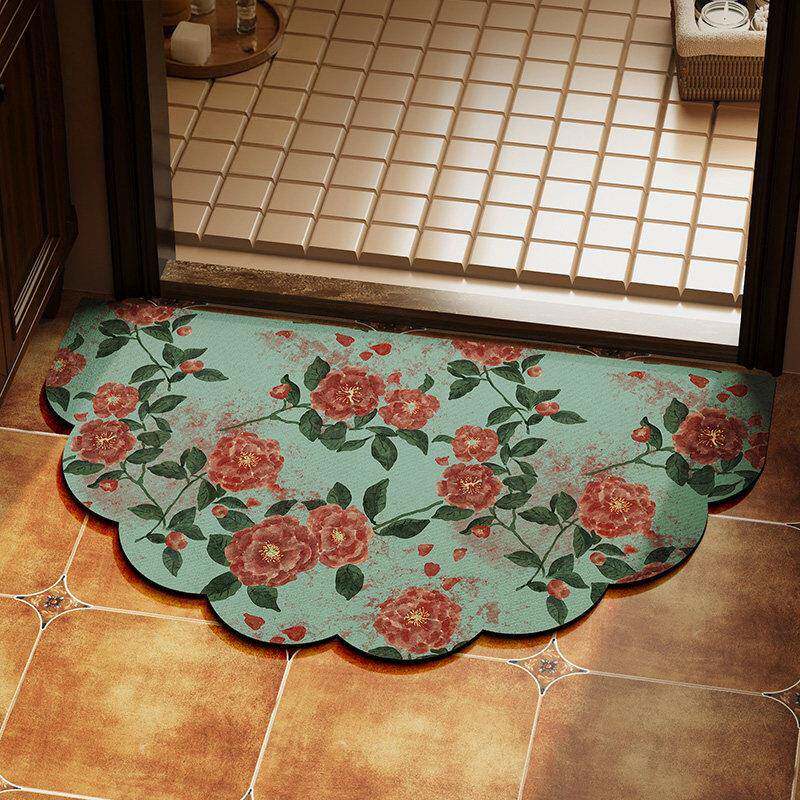 美式半圆形山茶花浴室门口地垫卫生间防滑脚垫厕所硅藻泥吸水地毯