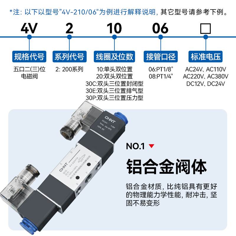 正泰电磁阀气阀220v三位五通气动换向阀4v220-08气动12v24v电磁阀