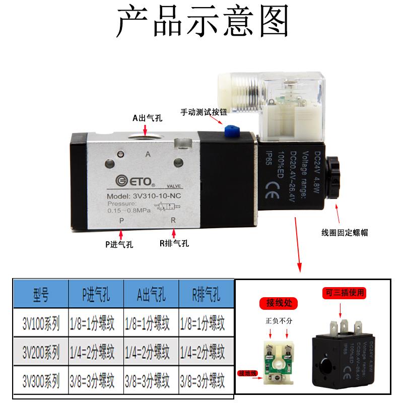 气动3V110-06二位三通电磁阀3V210-08换向阀3V310-10DC24V/AC220