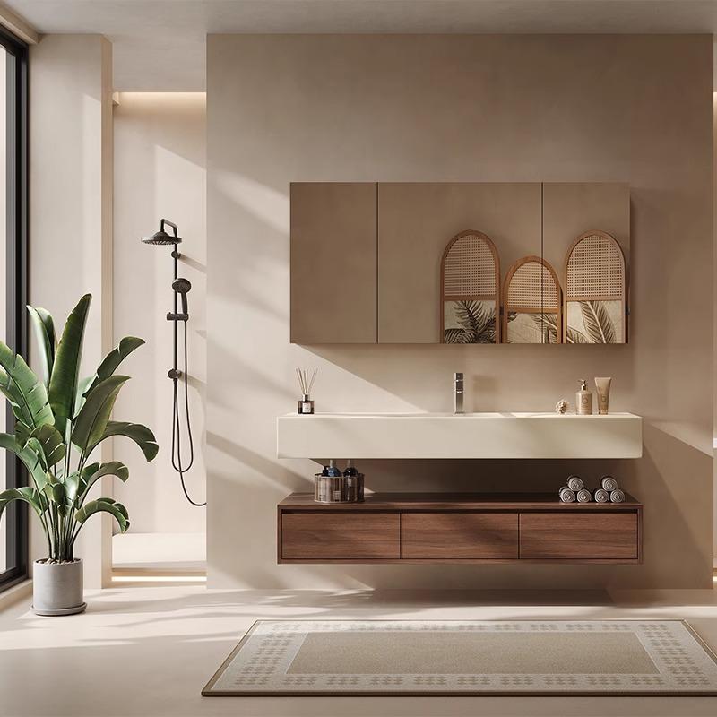 2025新款胡桃木陶瓷浴室柜组合岩板热弯一体式洗手盆洗漱台池定制