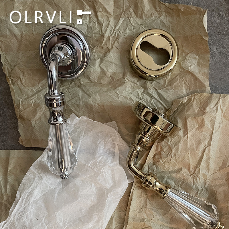 olrvli金色水晶门锁复古法式黄铜静音镀铬银色门锁轻奢双开门把手