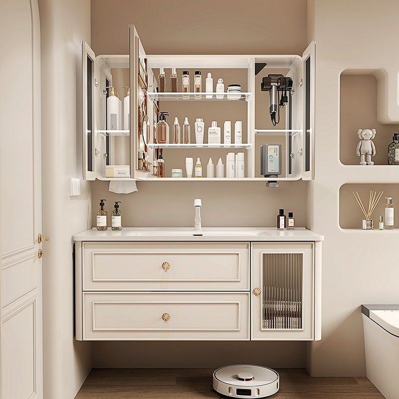 法式一体陶瓷盆浴室柜美妆带插座镜柜奶油风洗漱台,家装主材,浴室柜组合,淘宝优惠券,粉丝福利购,淘宝优惠卷
