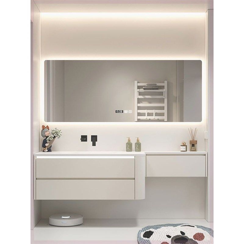 奶油风丽耐一体盆实木浴室柜新款岩板无缝盆智能洗手台,家装主材,浴室柜组合,淘宝优惠券,粉丝福利购,淘宝优惠卷