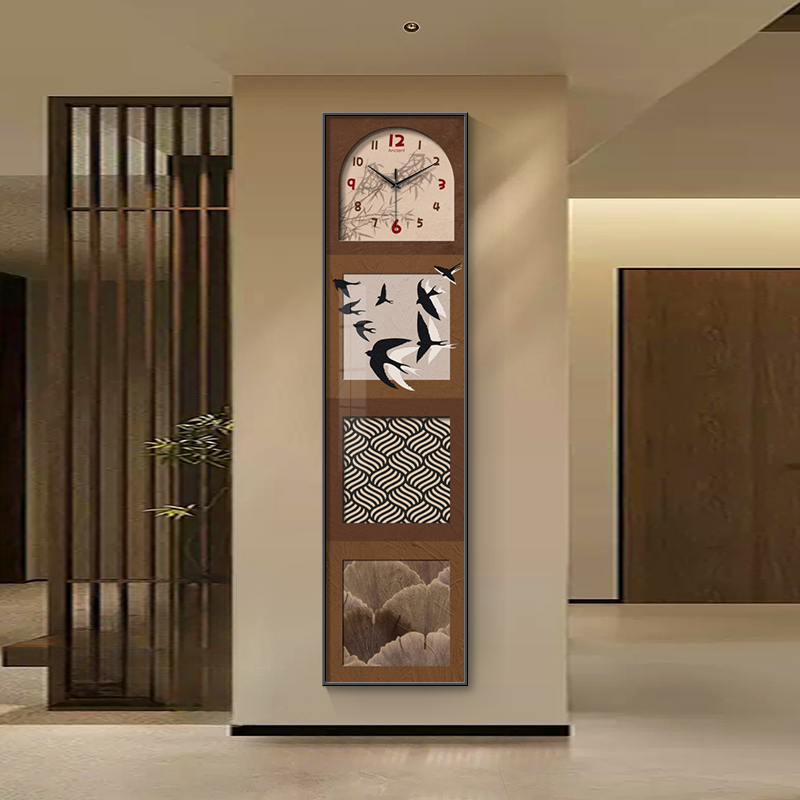 中古风玄关装饰画钟表挂钟202新款法式复古客厅窄长条时钟挂墙壁