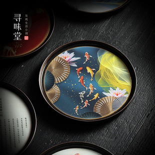 粗陶干泡盘茶托养壶托家用功夫茶具小托盘茶道 国风彩绘陶瓷壶承