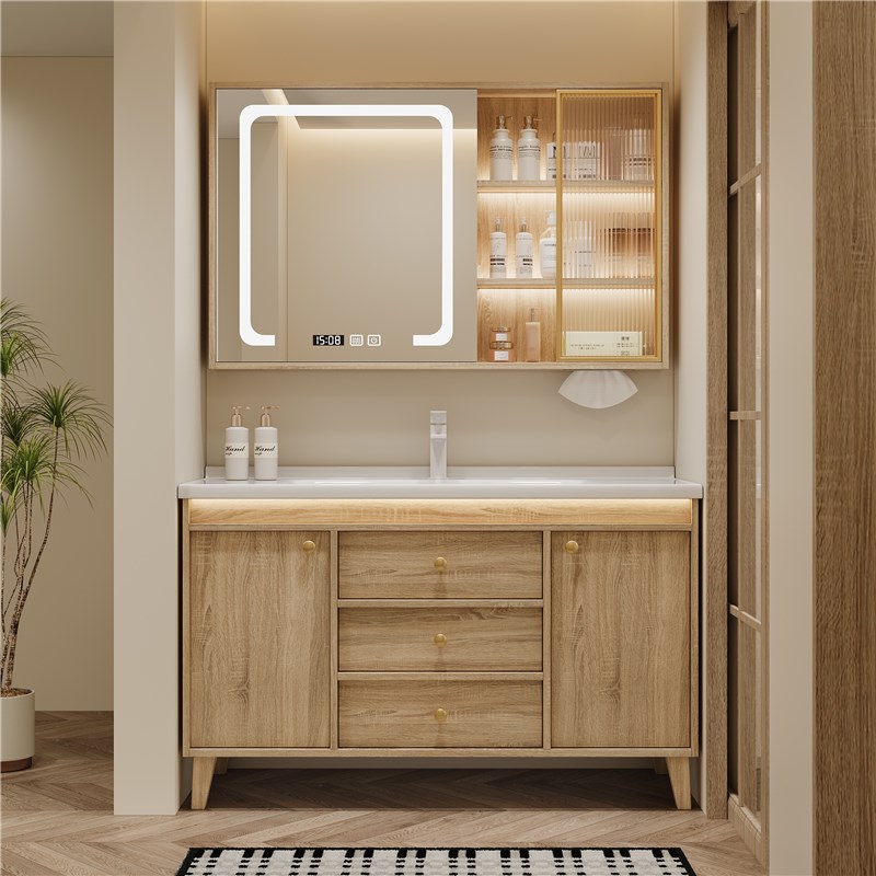落地式原木色浴室柜组合陶瓷一体洗脸H洗手盆柜中古风卫生间洗漱