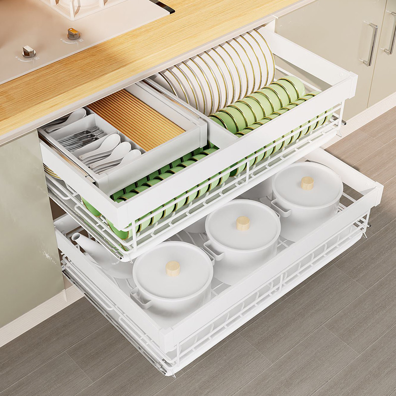 纳米拉篮厨房橱柜304s不锈钢双层抽屉式调味拉蓝橱柜收纳碗碟碗篮