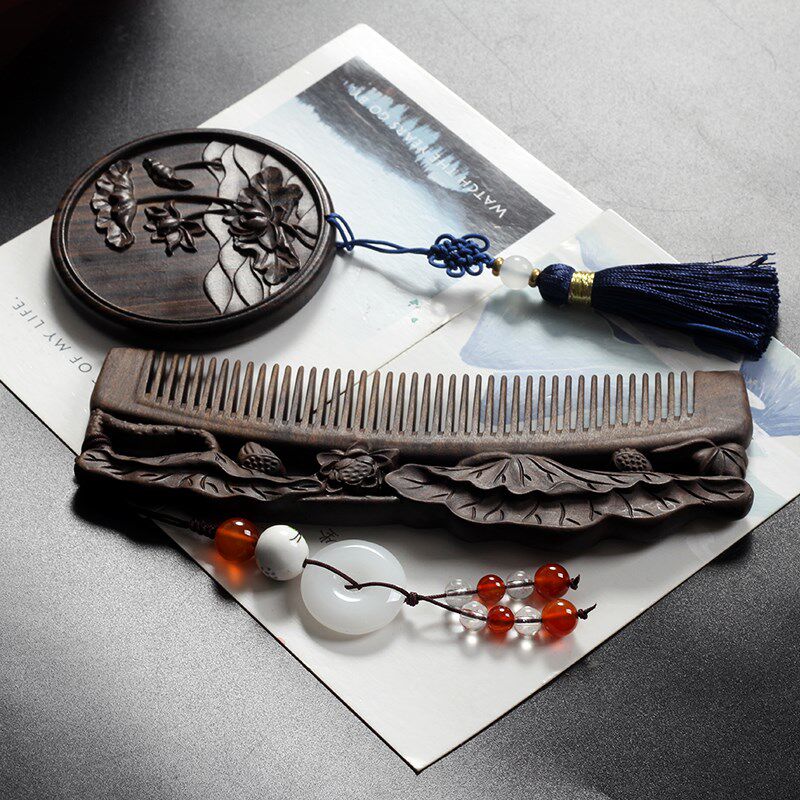 梳镜装梳子卷发梳圆镜子礼盒装无静电刻字保健按摩木质梳子