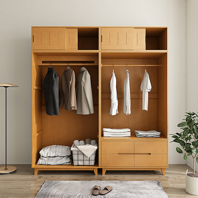 衣柜家用卧室组装实木榉木儿童推拉门现代小户型家具整体