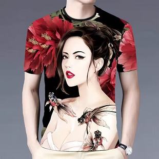 新款夏秋季短袖短衣百搭时尚中国风美女上衣T恤男装3D印花打底衫