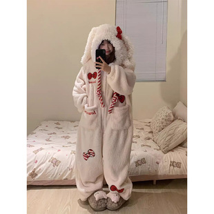 可爱兔耳红色蝴蝶结珊瑚绒连体睡衣女冬季加绒加厚毛绒大码家居服