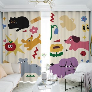 卧室窗帘全遮光2024年新款 客厅可爱卡通免打孔安装 遮阳布帘挂钩式