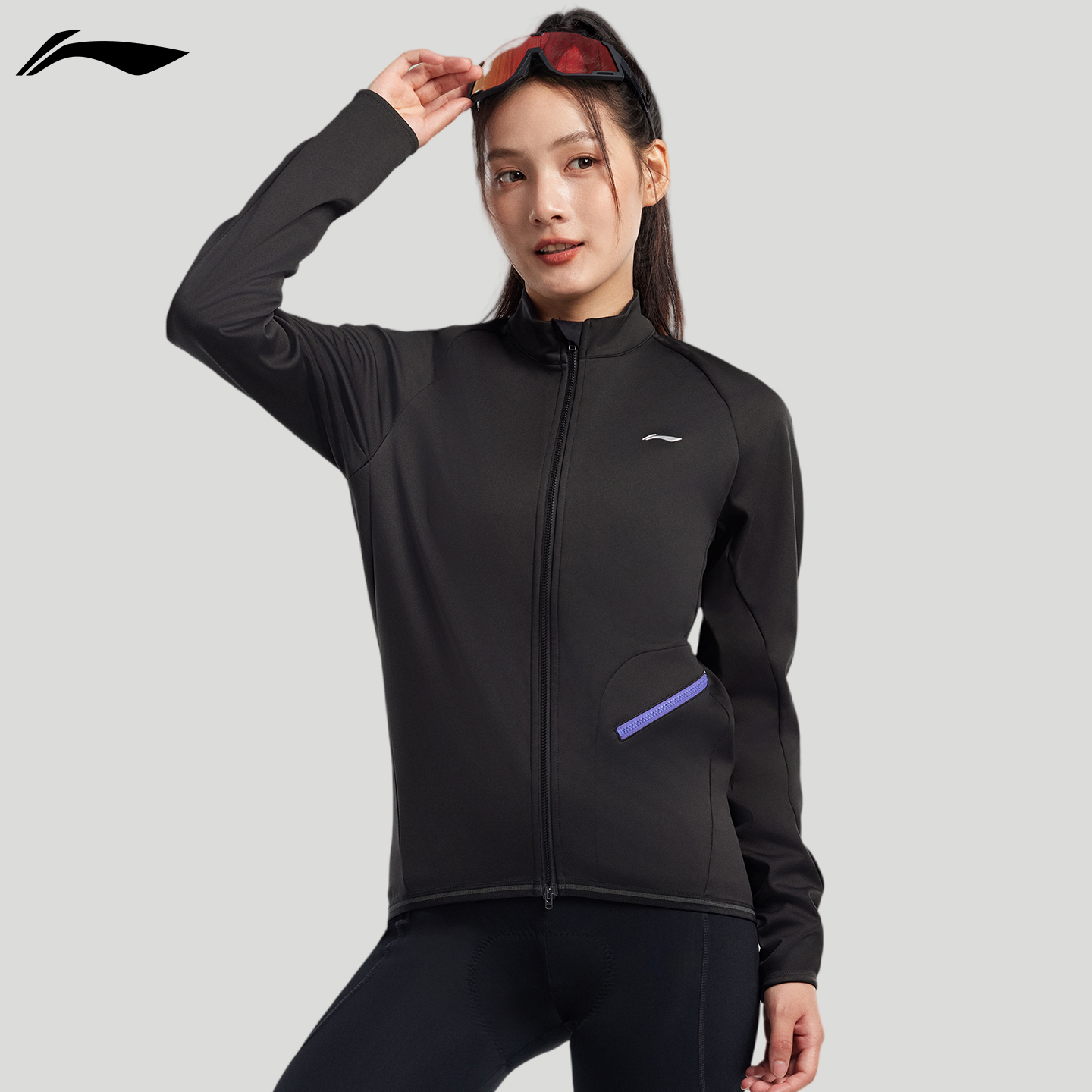 李宁保暖抓绒长袖自行车骑行服女秋冬季保暖户外防风骑行上衣外套